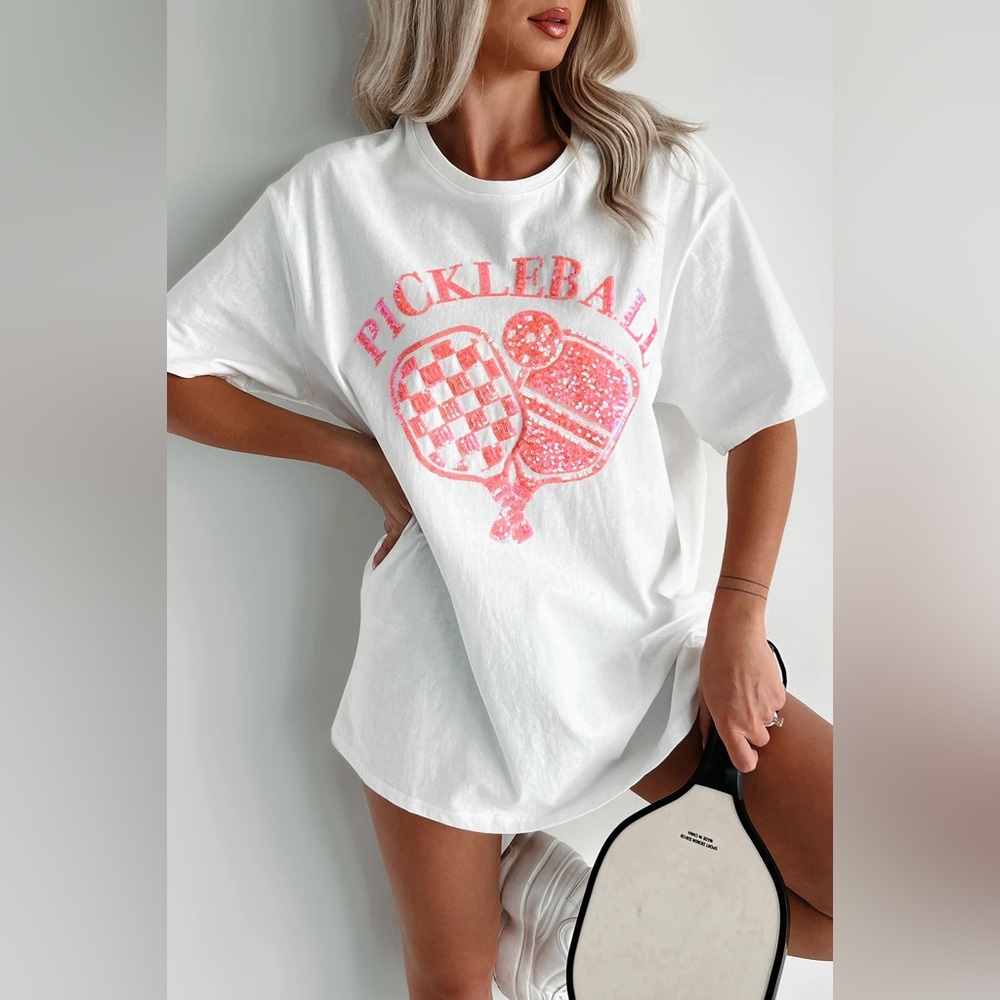 NWT FANTASTIC FAWN Boutique Oversized Sequin White and Pink Pickleball Graphic T